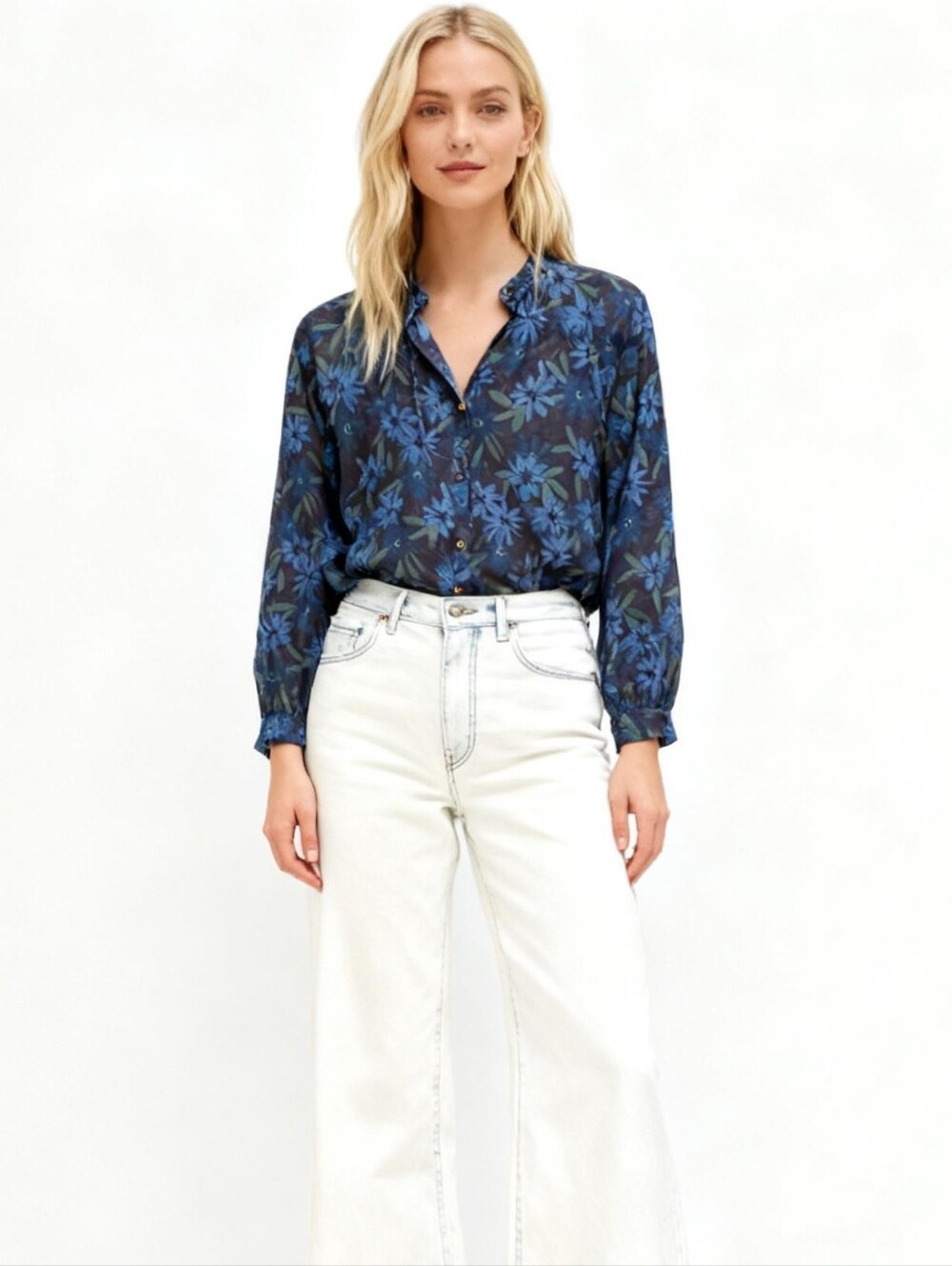 Humanoid Button-Down Floral Navy Blouse Size L